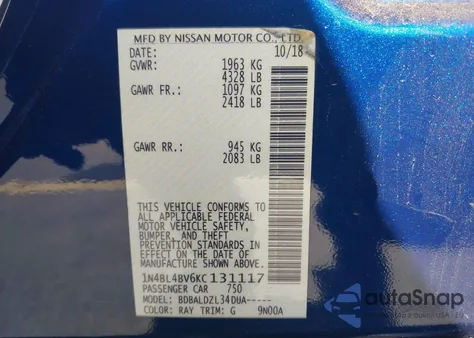2019 Nissan Altima 2.5 S z USA, uszkodzony, nr VIN 1N4BL4BV6KC131117